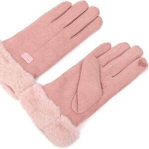 Womens Faux Suede Winter Screen Finger Gloves Pink Embroidered Heart Size Small